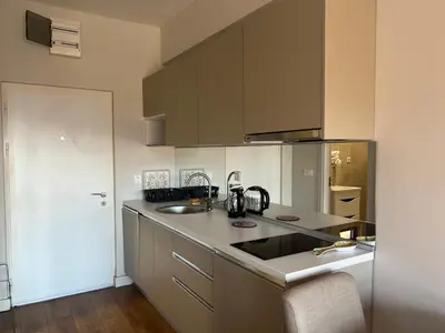a kitchen with a sink and a counter top at Apartments Zevs Kavac in Kavač