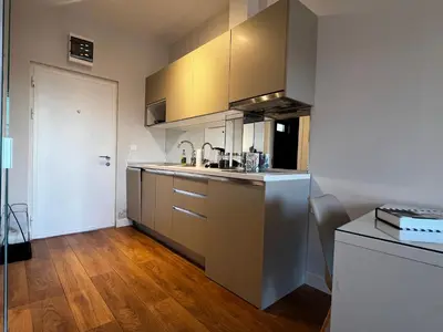 a kitchen with stainless steel cabinets and a sink at Apartments Zevs Kavac in Kavač