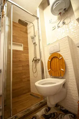 a bathroom with a shower and a toilet with a wooden seat at CENTAR Apartmant in Bar