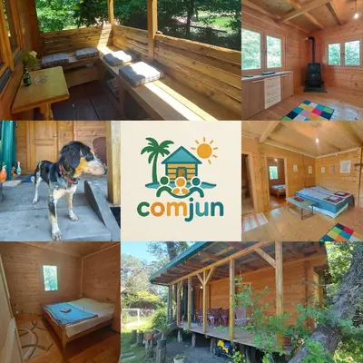 a collage of pictures of a cabin with a dog at comjun in Ada