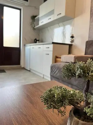a living room with a table and a kitchen at Apartman MIO in Pržice