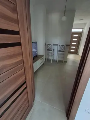 a room with a wooden door and a living room at Tims apartment in Mrčevac