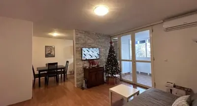 a living room with a christmas tree in a room at Stan na dan in Bar