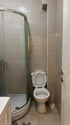 a small bathroom with a toilet and a shower at Podgorica apartment - up to 4 persons in Podgorica