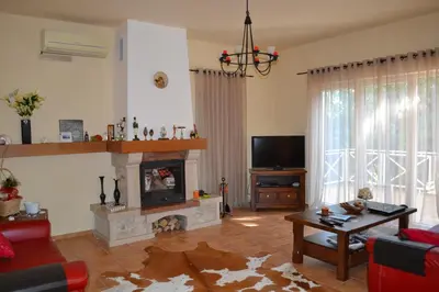 a living room with a fireplace and a tv at Suntime Villa 7 in Tivat