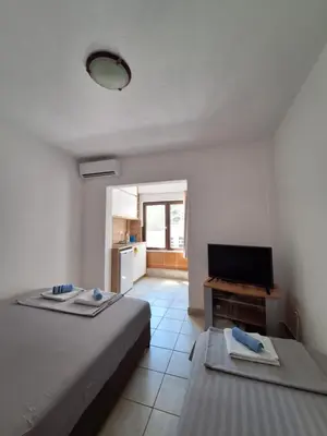 a living room with two beds and a television at Studio Apartman Kamenovo in Pržno