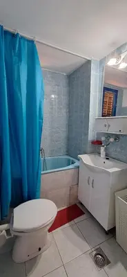 a bathroom with a toilet and a blue shower curtain at Studio Apartman Kamenovo in Pržno