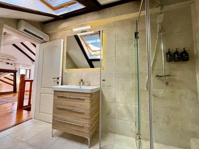 a bathroom with a sink and a shower at Waterfront Villa Magnolia in Kotor