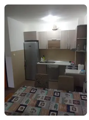 a kitchen with a refrigerator and a counter top at Stan Budva Rozino in Budva