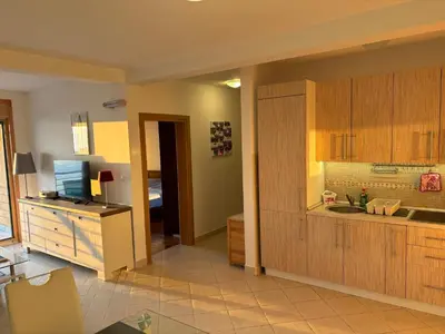 a kitchen with wooden cabinets and a sink at Villa Nova Premium Apartment No 8 in Petrovac na Moru