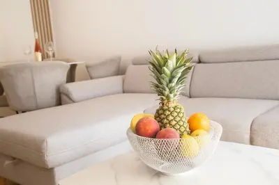 a bowl of fruit on a table in front of a couch at Montenegrina apartment in Cetinje