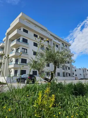 a white building with a car parked in front of it at Porat Apartmani in Ulcinj