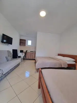 a hotel room with two beds and a couch at Apartman-Studio Matanović- Save Kovačevića in Sutomore