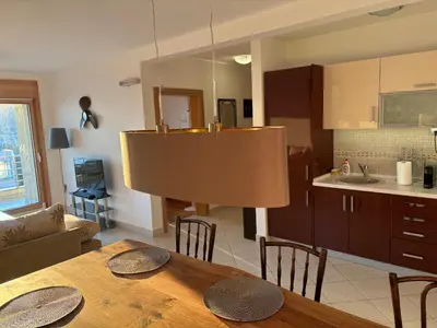 a kitchen and dining room with a wooden table at Villa Nova Premium Apartment No 5 in Prijevorac
