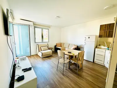 a kitchen and a living room with a table and a refrigerator at Mira Apartment in Dobra Voda