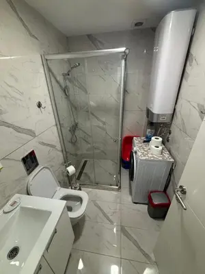 a bathroom with a shower and a toilet and a sink at Mira Apartment in Dobra Voda