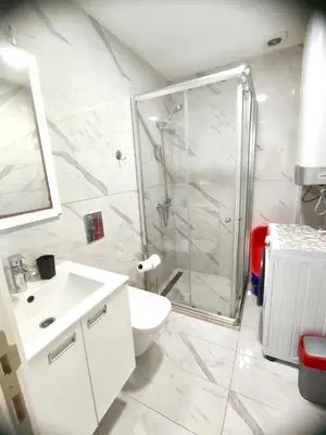 a bathroom with a shower and a toilet and a sink at Mira Apartment in Dobra Voda