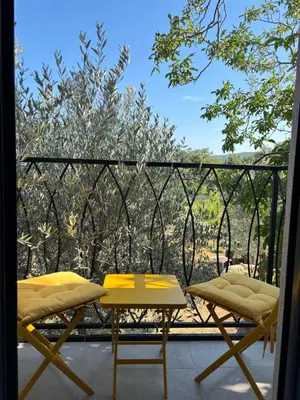 a balcony with a table and two chairs and a view at Green Ranch Stara Maslina in Kotor