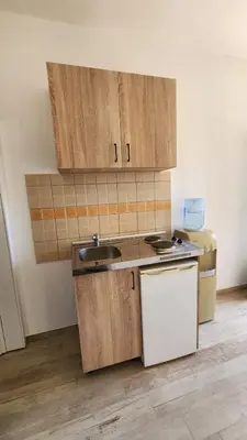 a kitchen with wooden cabinets and a sink at CC Apartments in Ulcinj