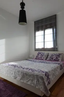 a bedroom with a bed with purple pillows and a window at Apartment Taurus in Petrovac na Moru