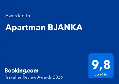 a blue sign with the words aprilanan bambika at Apartman BJANKA in Budva