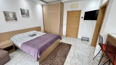 a bedroom with a bed and a tv and a couch at Apartmani Bar Zeleni Pojas in Bar