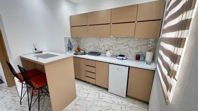 a small kitchen with a sink and a counter at Apartmani Bar Zeleni Pojas in Bar