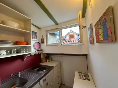 a small kitchen with a sink and a window at Charming apartment with a terrace in Kotor