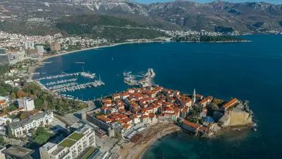 an aerial view of a town on the water at Apartments Spin in Budva