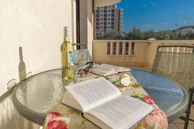 a glass table with a bottle of wine and a book at Apartment Sofija Petrovac in Petrovac na Moru