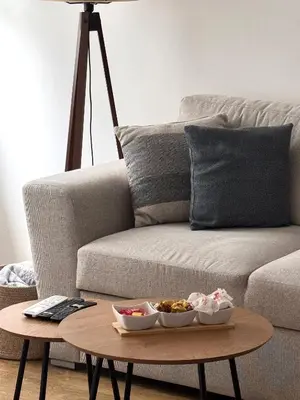 a coffee table with two bowls of food on a couch at Apartment Simovic in Cetinje
