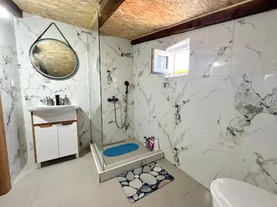 a bathroom with a shower and a toilet and a sink at Luxurious attic apartment with a breathtaking view in Vranjina
