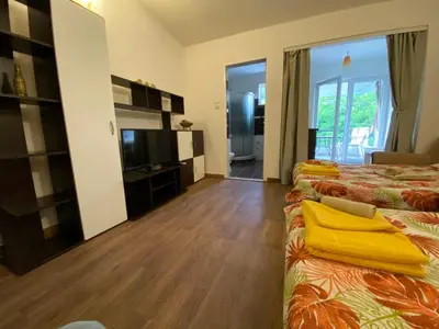 a hotel room with two beds and a television at Studios Zoran Milosev in Bar
