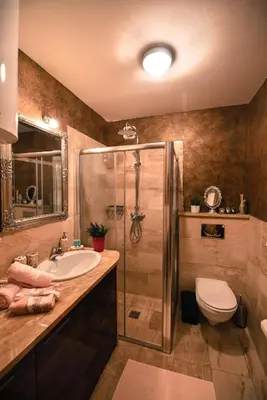 a bathroom with a shower and a sink and a toilet at Marilyn Apartment in Budva