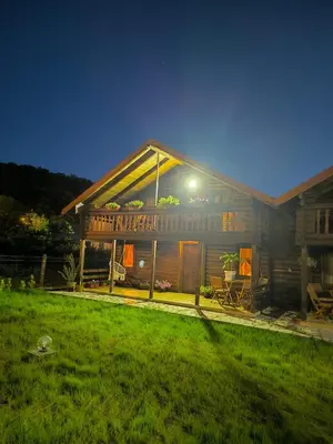a large wooden house with a lawn in front of it at Wooden Lakeside Cottage in Virpazar