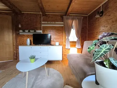 a living room with a couch and a table at Wooden Lakeside Cottage in Virpazar