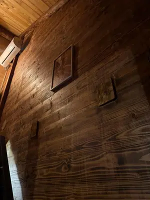 a wooden wall with three pictures on it at Wooden Lakeside Cottage in Virpazar