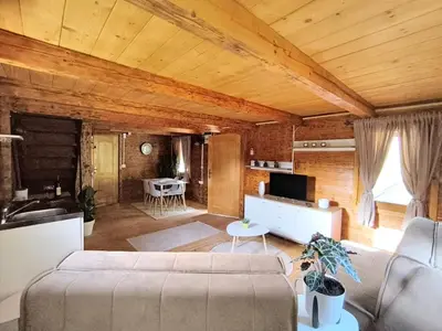 a living room with a couch and a table at Wooden Lakeside Cottage in Virpazar
