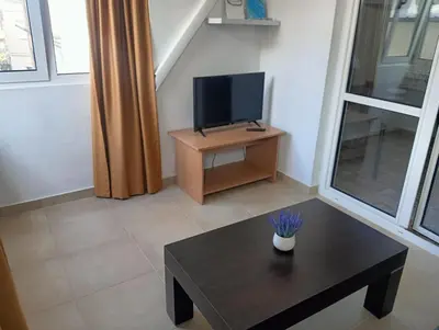 a living room with a table and a tv at Vinogradi in Budva