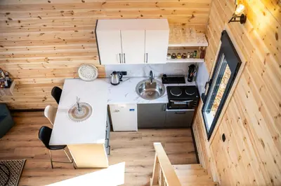 an overhead view of a kitchen in a tiny house at RAOS Cottage in Ulcinj