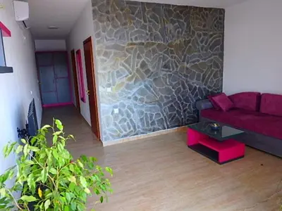 a living room with a red couch and a stone wall at Apartmani Hamburg 1 in Donji Štoj