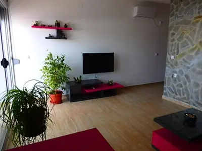 a living room with a flat screen tv and plants at Apartmani Hamburg 1 in Donji Štoj