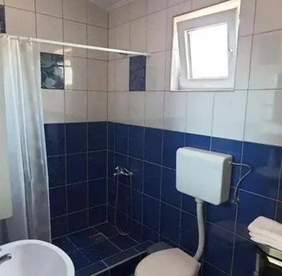 a blue tiled bathroom with a toilet and a shower at Apartments Masa in Sutomore