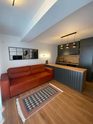 a living room with a couch and a kitchen at Апартаменты Hygge in Dobra Voda