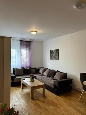 a living room with a couch and a coffee table at Enjoy Apartmani in Podgorica