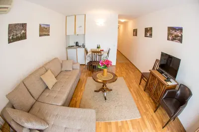 a living room with a couch and a television at Apartments Luka in Budva