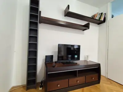a living room with a tv and a shelf at HarmonyHome in Podgorica