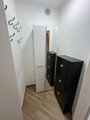 a bathroom with a black dresser and a mirror at Budva apartman Vasić in Budva