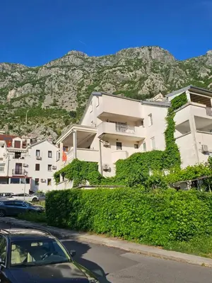 a white building with ivy growing on it in front of a mountain at Studio Apartment Blue Dream in Kotor