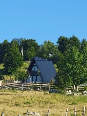 a small cabin in a field with trees at Cottage MATEJ in Podgorica
